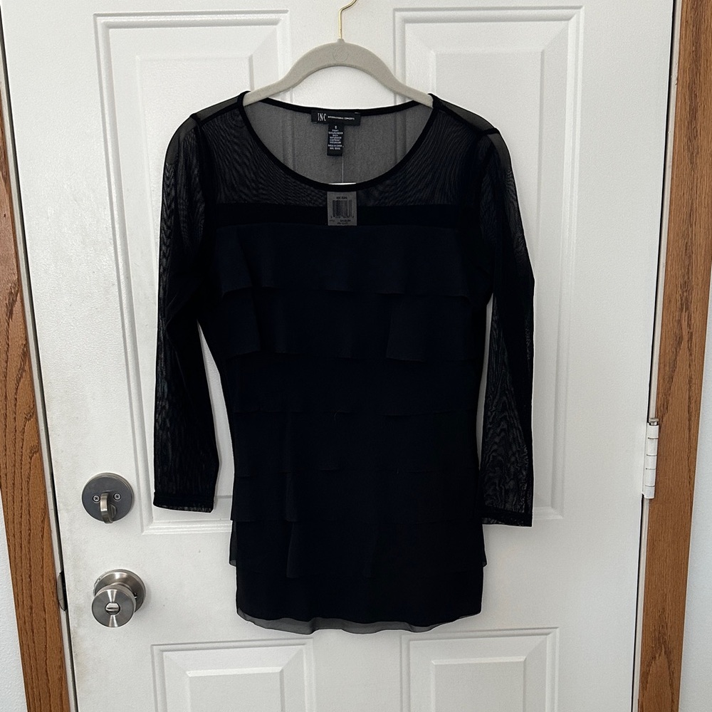 INC International Concepts Black Sheer Mixed Media Top Sz S